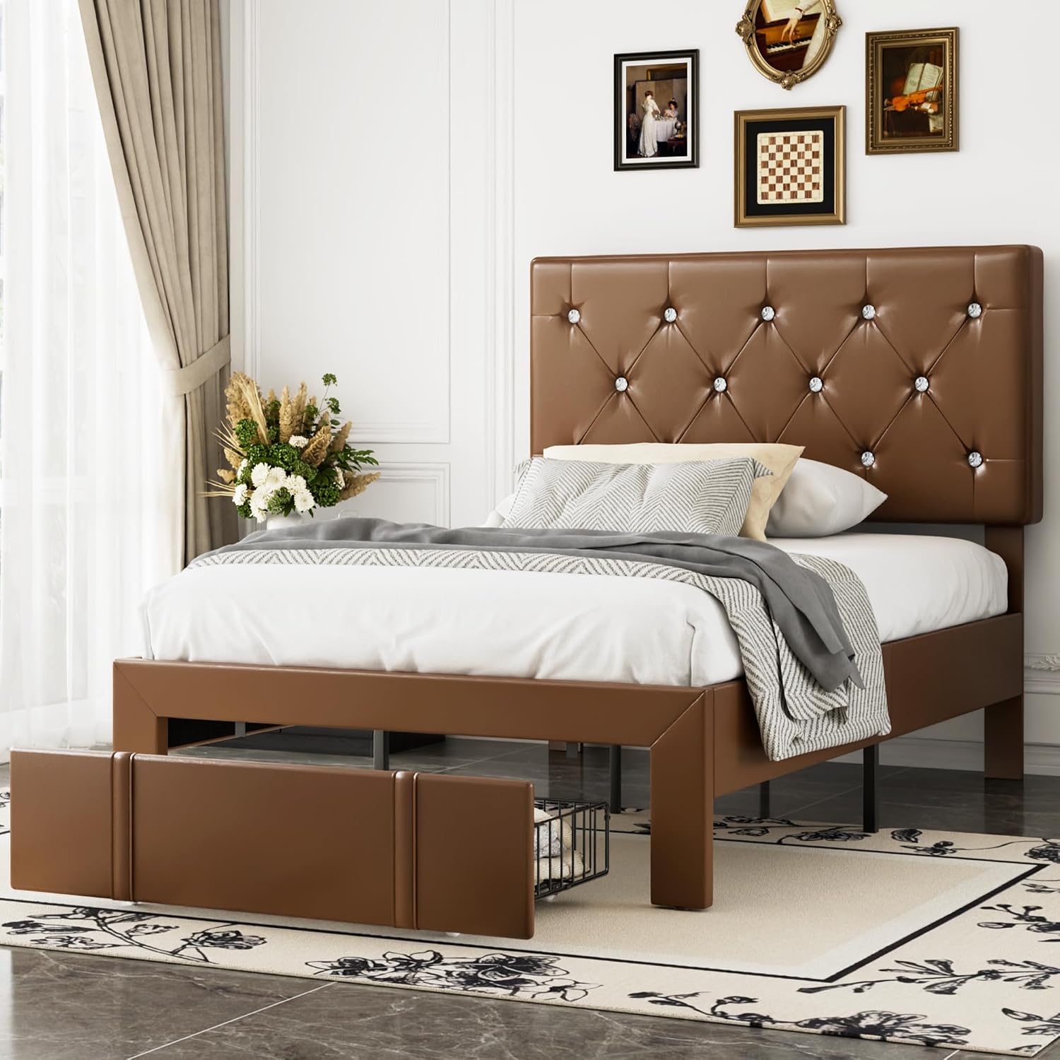 VECELO Twin Size Bed Frame with Storage Drawers, Leather Upholstered with Diamond Tufted Headboard, Solid Wood Slat Support, No Box Spring Needed, PU & Brown