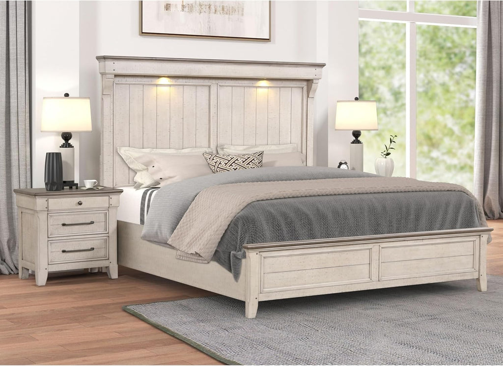 Roundhill Furniture Walcott 3-Piece Bedroom Set with Touch LED Lighting, Weathered Dusty-Taupe Finish, King