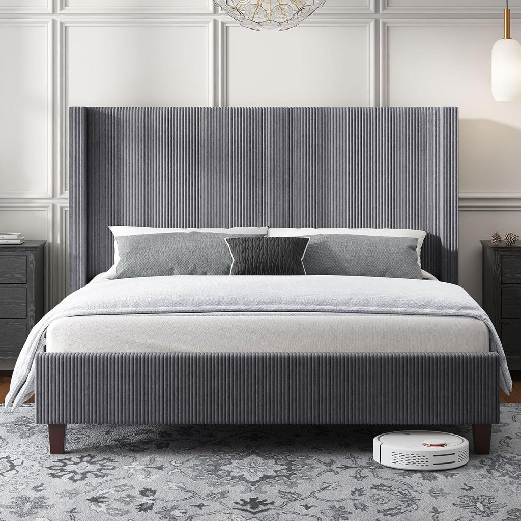 HOWE King Size Bed Frame with 50.8' Tall Wingback Headboard, Modern Corduroy Upholstered Platform Bed Frame with Solid Wood Slats & Legs, No Box Spring Needed, Noise-Reducing Design, Grey