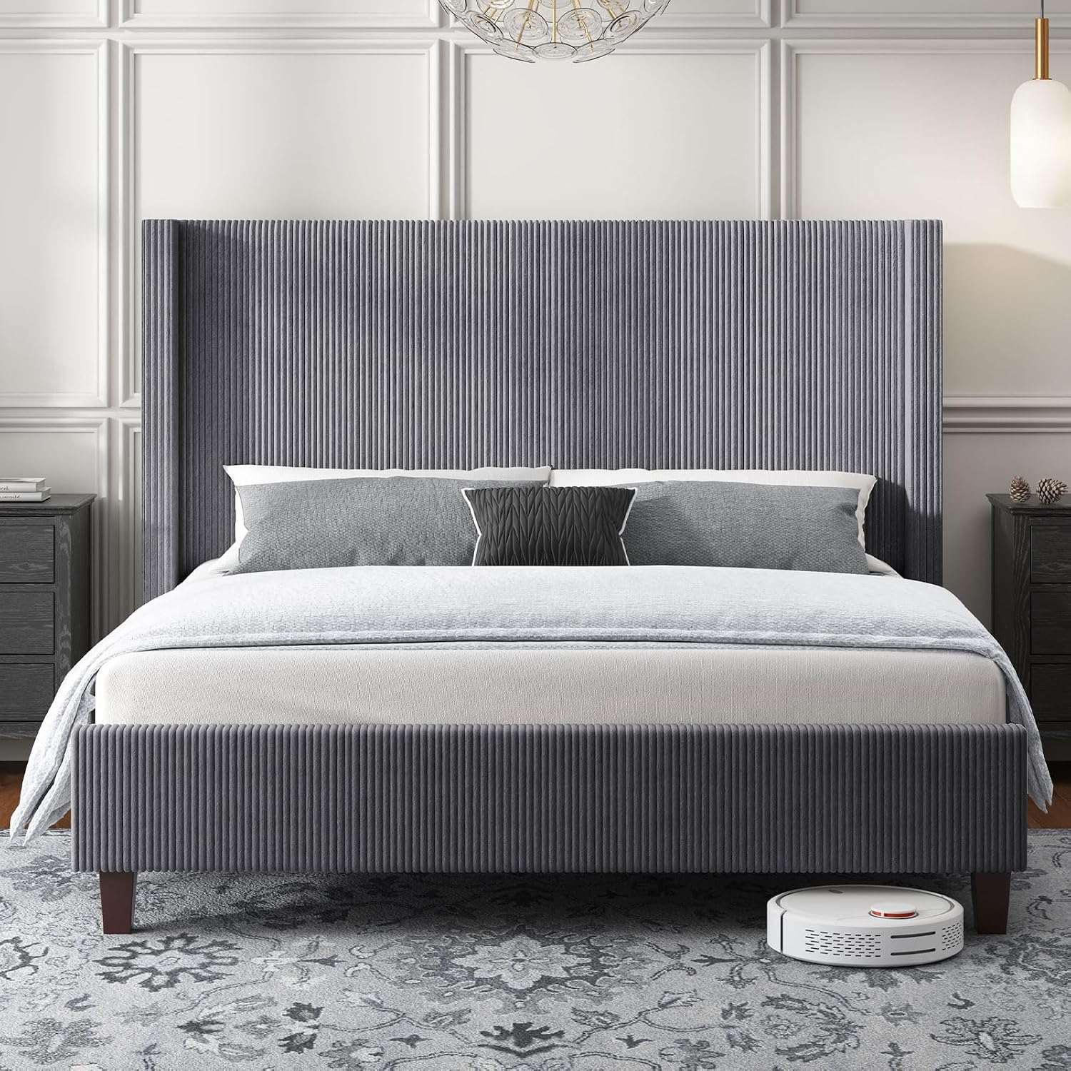 HOWE King Size Bed Frame with 50.8' Tall Wingback Headboard, Modern Corduroy Upholstered Platform Bed Frame with Solid Wood Slats & Legs, No Box Spring Needed, Noise-Reducing Design, Grey