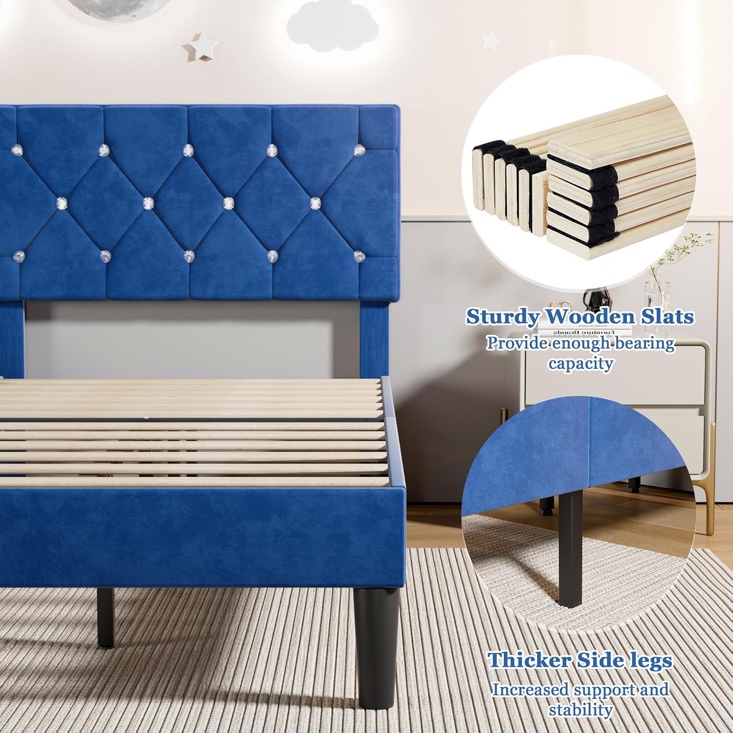 VECELO Twin Size Bed Frame, Upholstered Platform with Adjustable Diamond Tufted Headboard, Wood Slat Support, No Box Spring Needed, Navy Blue
