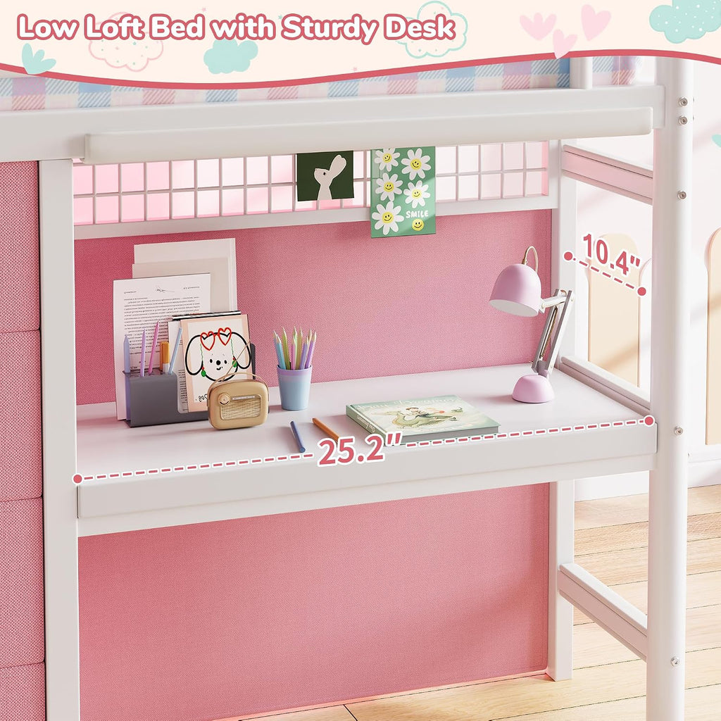 Low Loft Bed Twin Size with 7 Storage Drawers, Desk and LED Lights, Heavy Duty Metal Kids Loft Bed with 12' H Safety Guardrail, Anti-Collision Pad, Private Play Curtain, Under-Bed Play Space - Pink