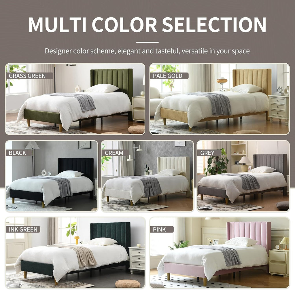 YUHUASHI upholstered Platform Bed Frame/Twin Bed Frame/Modern Geometric Double-Wing Design headboard/Velvet Fabric/Easy to Assemble no Noise (Grass Green, Twin)