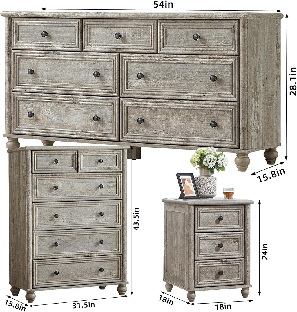 RWYHG Farmhouse Dresser and Nightstand Sets 4 Piece, Wooden 7 Drawers Dresser & 43.5' Tall Chest of Drawers, 18' Roman Column Nightstand Set of 2, Furniture Dressers for Bedroom, Living Room
