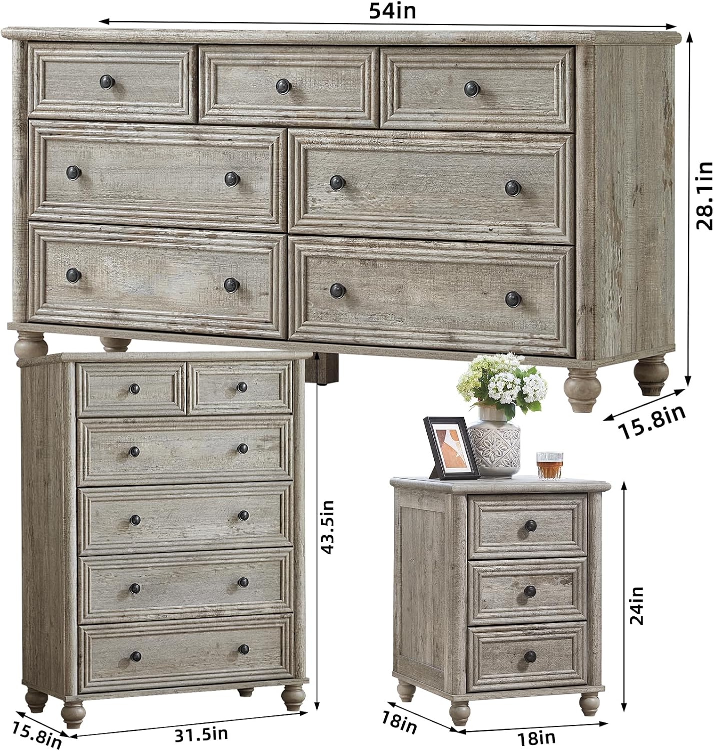 RWYHG Farmhouse Dresser and Nightstand Sets 4 Piece, Wooden 7 Drawers Dresser & 43.5' Tall Chest of Drawers, 18' Roman Column Nightstand Set of 2, Furniture Dressers for Bedroom, Living Room