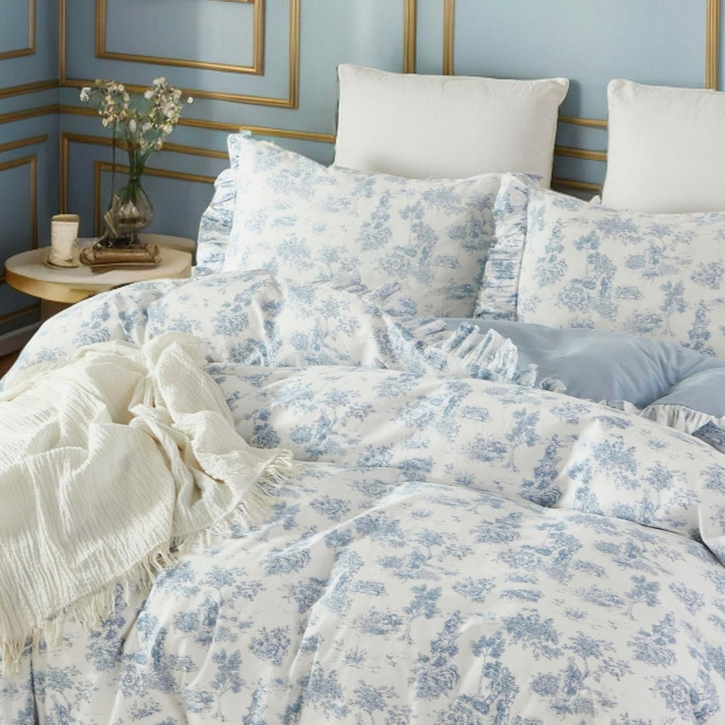 Brandream French Country Garden Toile Floral Duvet Quilt Cover King Size 100% Cotton Bedding Set Toile Tapestry Pattern Blossom Tree Branches Delicate Ruffle Fringe Design