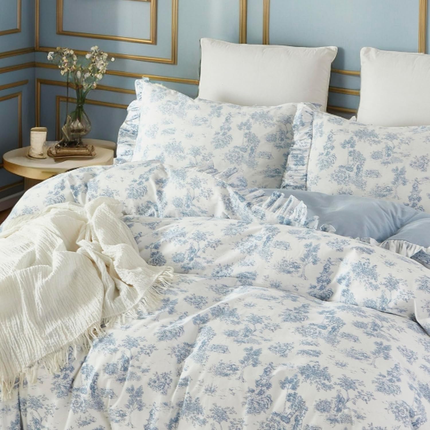 Brandream French Country Garden Toile Floral Duvet Quilt Cover King Size 100% Cotton Bedding Set Toile Tapestry Pattern Blossom Tree Branches Delicate Ruffle Fringe Design