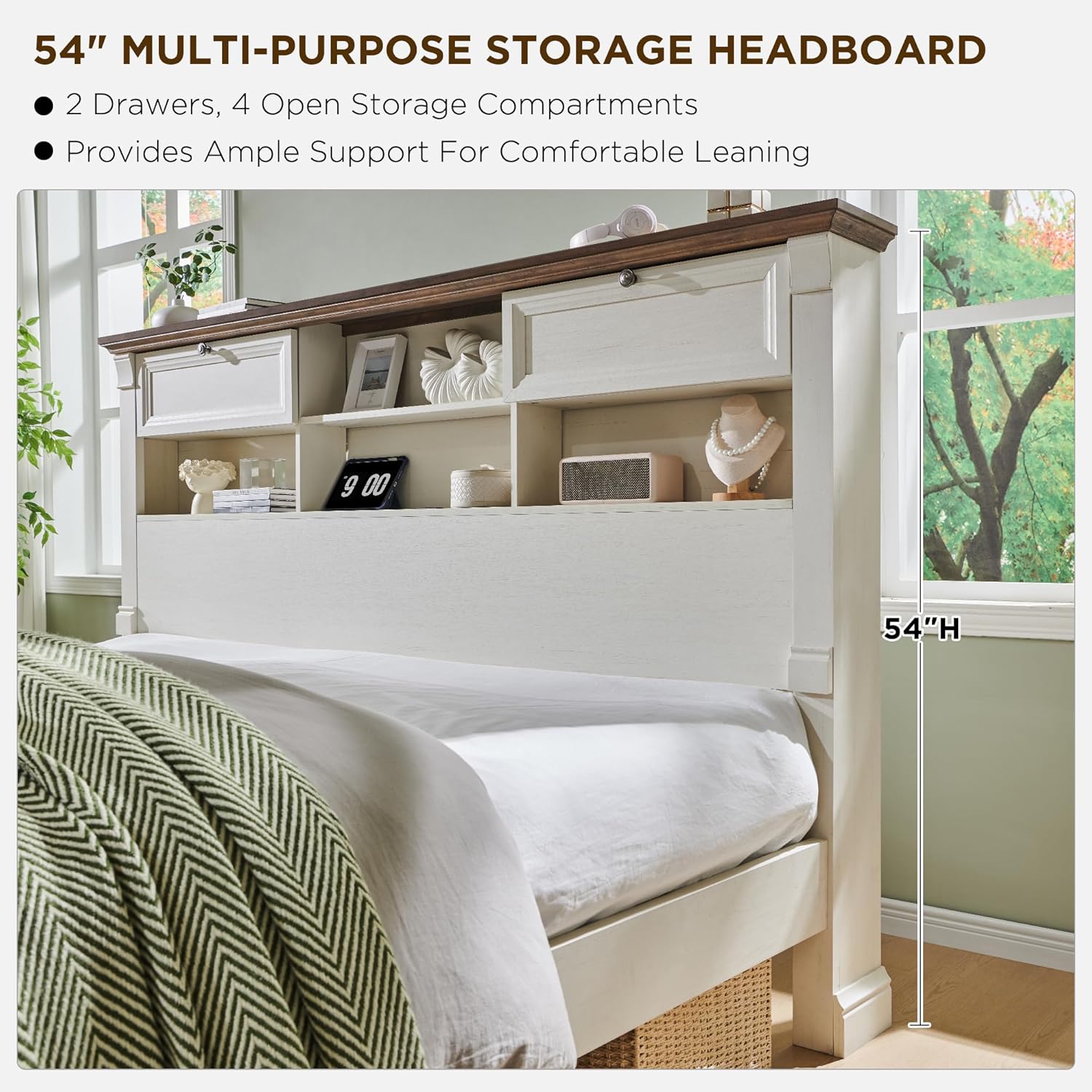T4TREAM Farmhouse Queen Size Bed Frame with 54' Tall Headboard, Wood Platform Bed Frame with 18' Tall Roman Column Decoration Footboard & 2 Large Storage Drawers, No Box Spring Needed(Antique White)