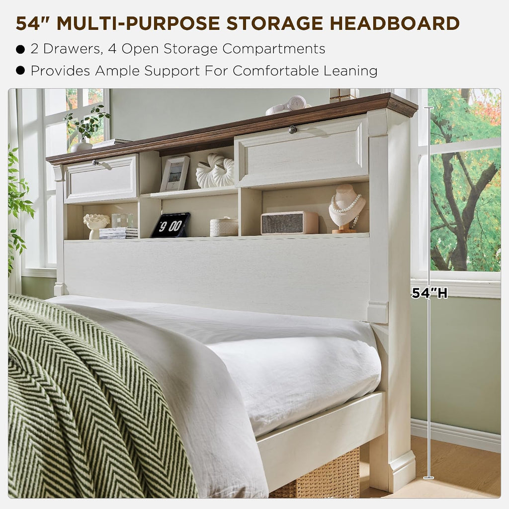T4TREAM Farmhouse King Size Bed Frame with 54' Tall Headboard, Wood Platform Bed Frame with 18' Tall Roman Column Decoration Footboard & 2 Large Storage Drawers, No Box Spring Needed(Antique White)