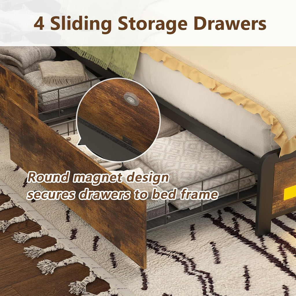 CSZZD King Size Bed Frame with Storage Drawers and Bookcase Headboard, Wooden Platform King Bed with LED Lights and Charging Station, Hidden Storage, No Box Spring Needed/Noise Free, Vintage Brown