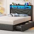 Driftalia Full Size Bed Frame with 4 Storage Drawers, Upholstered Full Bed Frame with LED Lights Headboard and Charging Station, No Box Spring Needed, Easy Assembly - Dark Grey