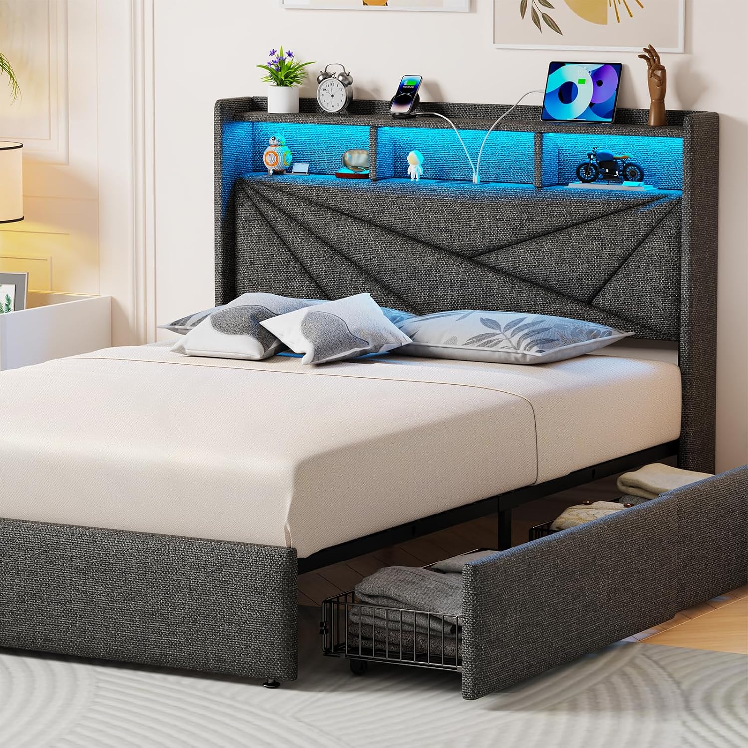 Driftalia Full Size Bed Frame with 4 Storage Drawers, Upholstered Full Bed Frame with LED Lights Headboard and Charging Station, No Box Spring Needed, Easy Assembly - Dark Grey