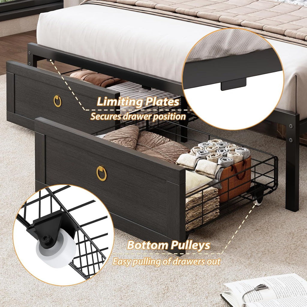TIGUBFRE Full Bed Frame with Storage Headboard, Farmhouse Wood Bed Frame Full Size with 4 Drawers, LED Light & Charging Station, Metal Slats Support, Noise Free, No Box Spring Needed, Rustic Black