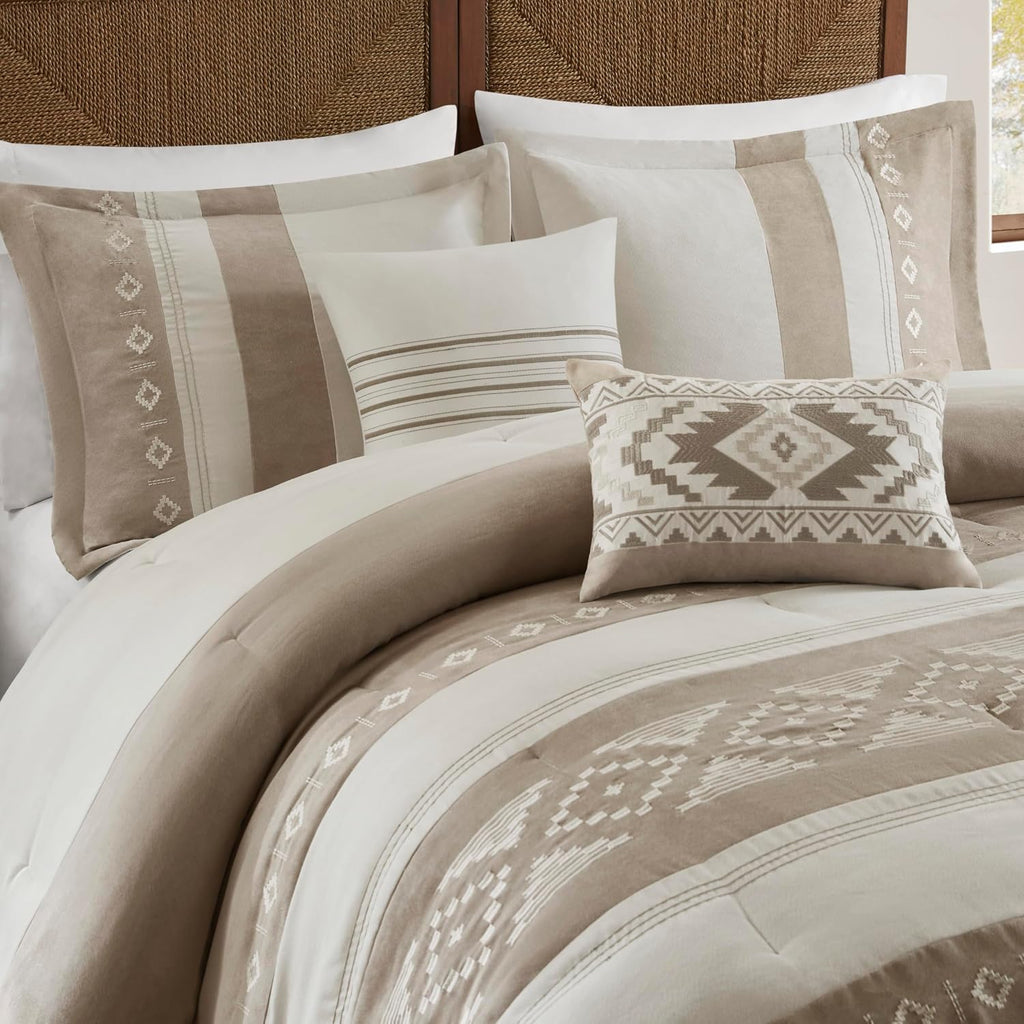 Woolrich Queen Comforter Set – Sutherland 5-Piece Microsuede Embroidered Bedding Set with Decorative Pillows, Taupe