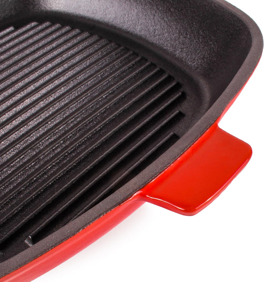 BergHOFF 3Pc Neo Enameled Cast Iron Cookware Set, 3qt. Dutch Oven, Matching Lid, Square Grill Pan 11 Inches, Oven Safe Up To 400°F, Red