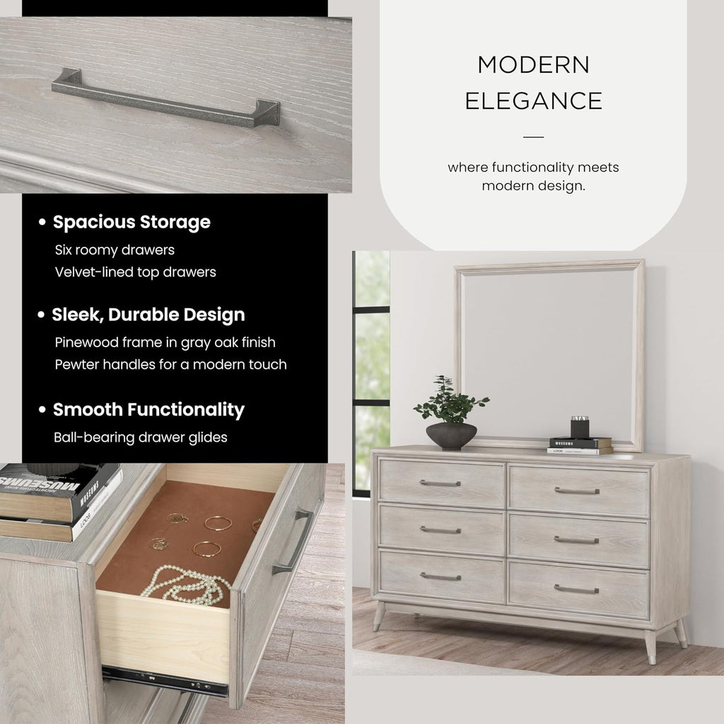 Roundhill Furniture Seluna 4-Piece Bedroom Set with Touch LED Lighting, Gray Oak Finish, Queen