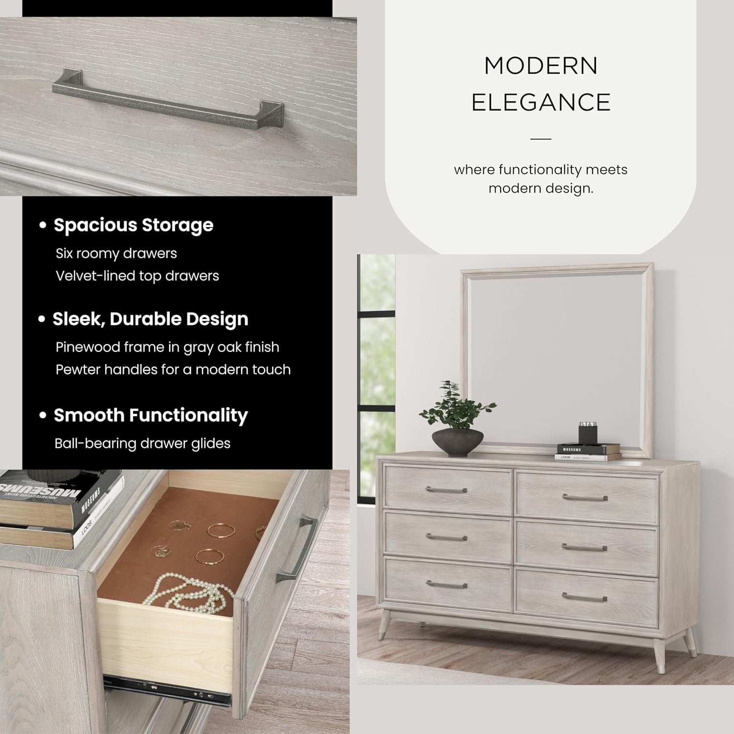 Roundhill Furniture Seluna 4-Piece Bedroom Set with Touch LED Lighting, Gray Oak Finish, Queen