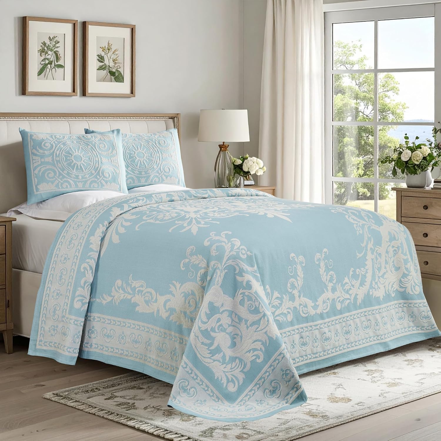 Superior Cotton Blend 3-Piece Bedspread Set, Tailored Bedspread Drape, 2 Matching Pillow Shams, Lightweight Blanket, Jacquard Traditional Medallion Bedding Decor, Adalie Collection, King, Aqua