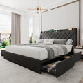 Einhomn Upholstered King Size Bed Frame with 4 Storage Drawers, Platform Bed Frame with Wingback Headboard, Charging Station, No Box Spring Needed, Dark Grey
