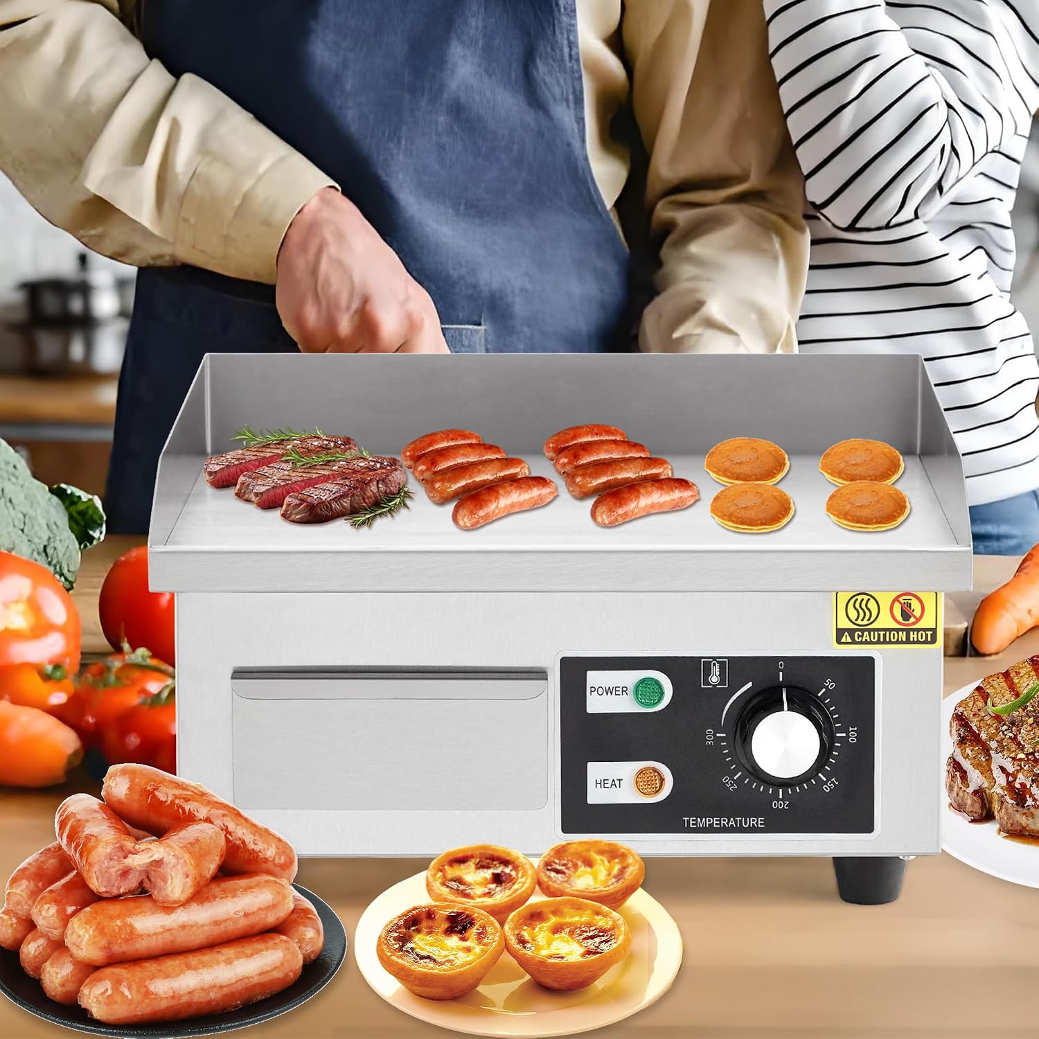 14' Stainless Steel Electric Griddle, 1500W Countertop Griddle with Non-Stick Adjustable Temperature Control 122°F-572°F, Electric Grill Perfect for Indoor Cooking, Camping