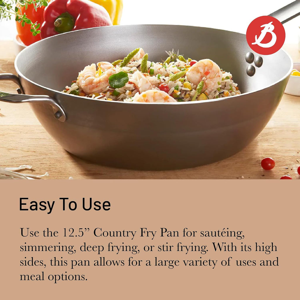 de Buyer MINERAL B Carbon Steel Country Fry Pan - 12.5' Diameter, 8.9' Cooking Surface - Ideal for Sauteing, Simmering, Deep & Stir Frying, One-Pan Meals - Naturally Non-Stick Finish - Made in France
