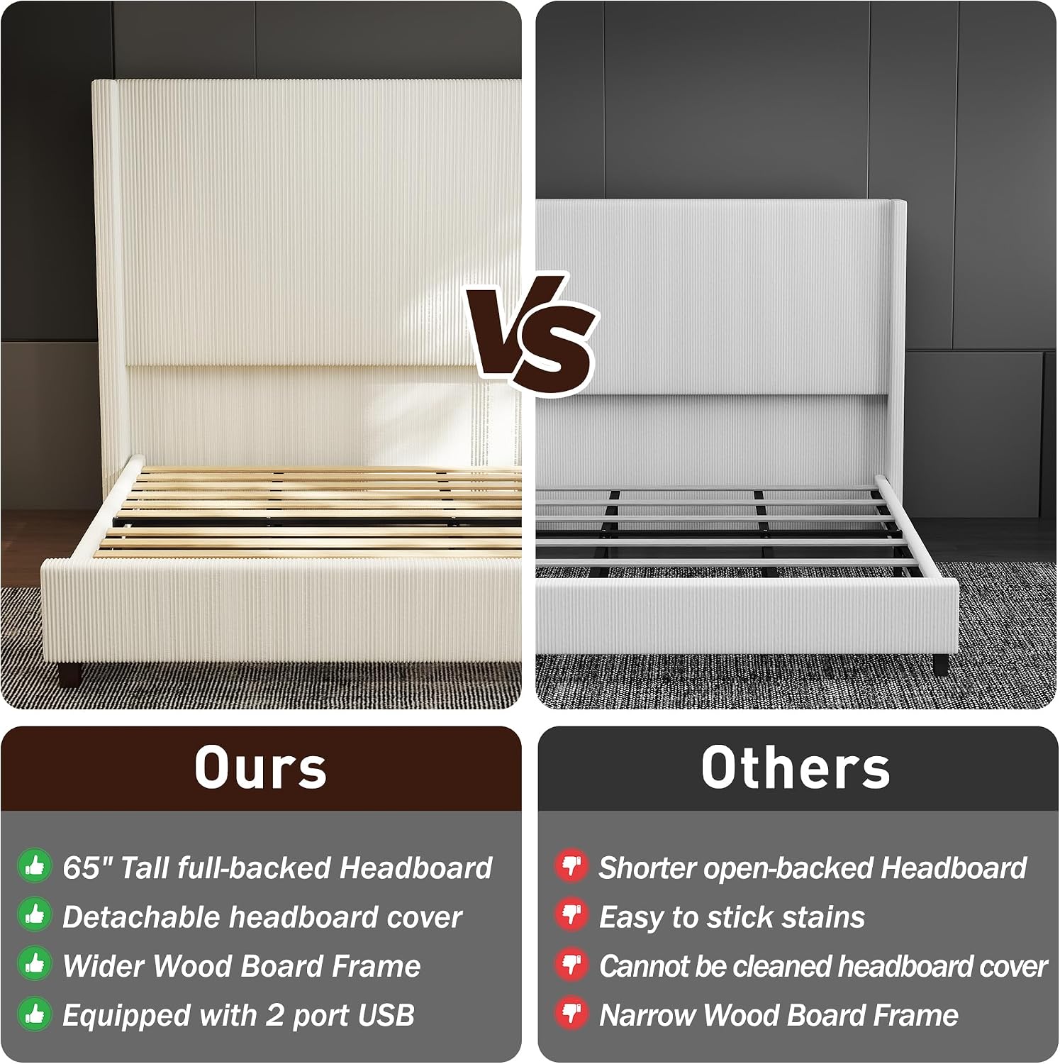 King Size 65.2' Upholstered Bed Frame with USB Charging Station,Soft Washable Corduroy Cover with Wingback Headboard, Solid Wood Legs/Noise-Free/No Box Spring Needed/Beige