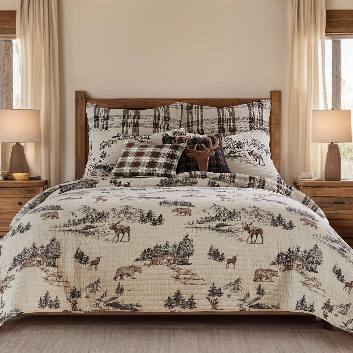 Levtex Home - Lodge Toile Quilt Set - King Quilt and Two King Shams - Mountain Lodge - Brown Cream Charcoal - Quilt (106x92in.) and Shams (20x36in.) - Reversible - Cotton