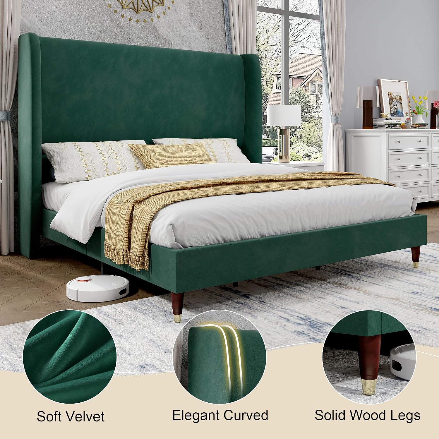 PaPaJet Full Size Bed Frame with 51.2' Wingback Headboard,Velvet Upholstered Platform Bed,Solid Wood Legs,No Box Spring Needed,Noise-Free&Easy Assembly,for Teen Girls, Dorm, Small Bedroom,Green