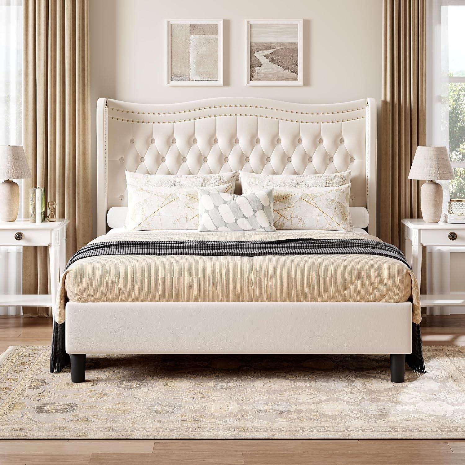 Upholstered King Size Bed Frame with Tall Headboard, Velvet Wingback Platform Bed Frame with Deep Button Tufted, No Box Spring Needed, Noise Free, Beige
