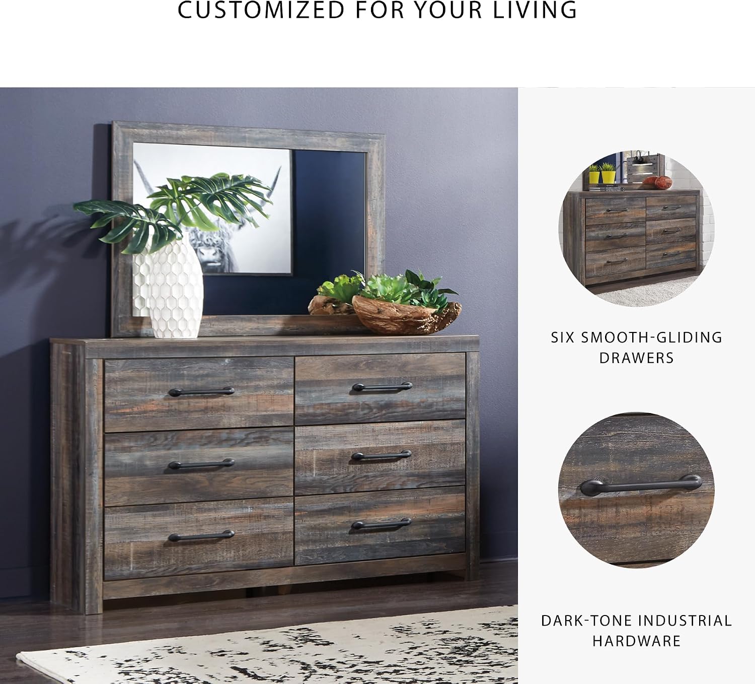 Signature Design by Ashley Drystan Rustic Smooth-Gliding 6-Drawer Dresser and Mirror with Safety Stop, Gray & Dark Brown