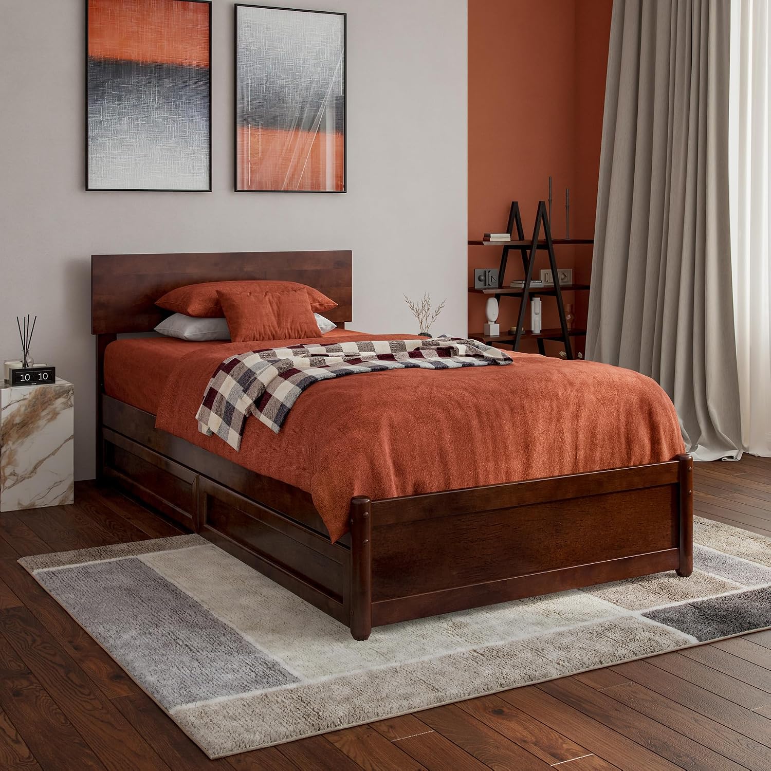 AFI, Wesley Twin XL Platform Bed with Panel Footboard & Storage Drawers, Walnut