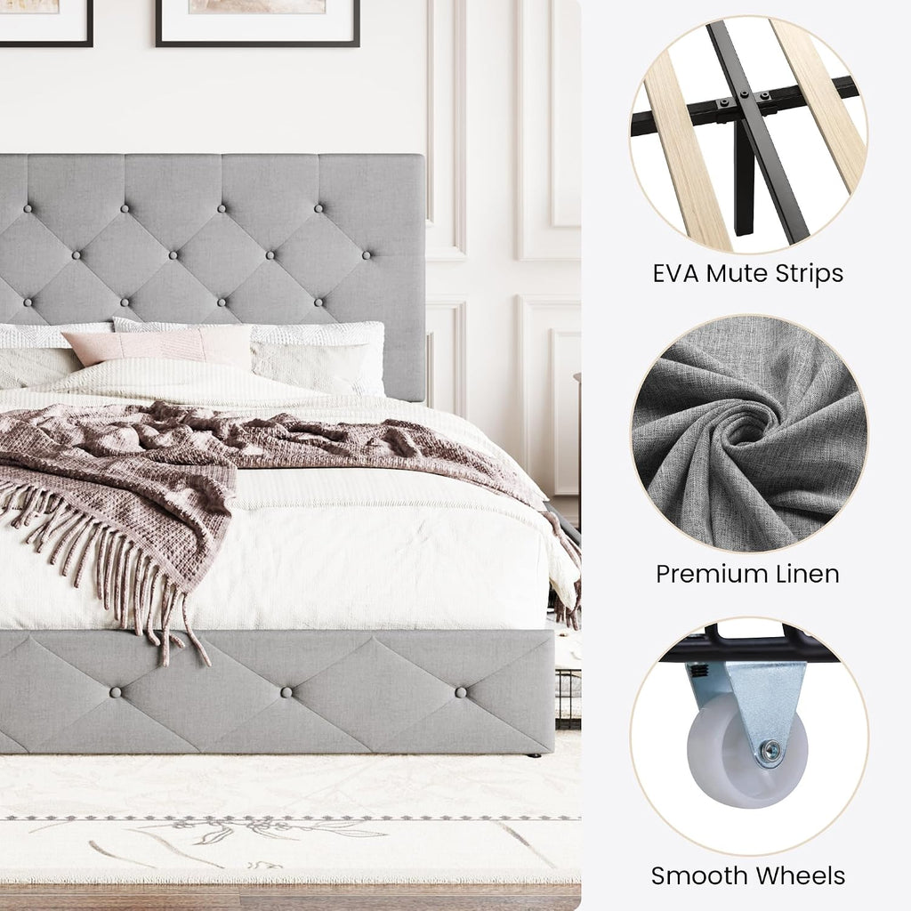 SHA CERLIN Upholstered Queen Size Platform Bed Frame with 4 Storage Drawers, Adjustable Headboard with Diamond Stitched Button Tufted Design, Wooden Slat Support, No Box Spring Needed, Light Grey
