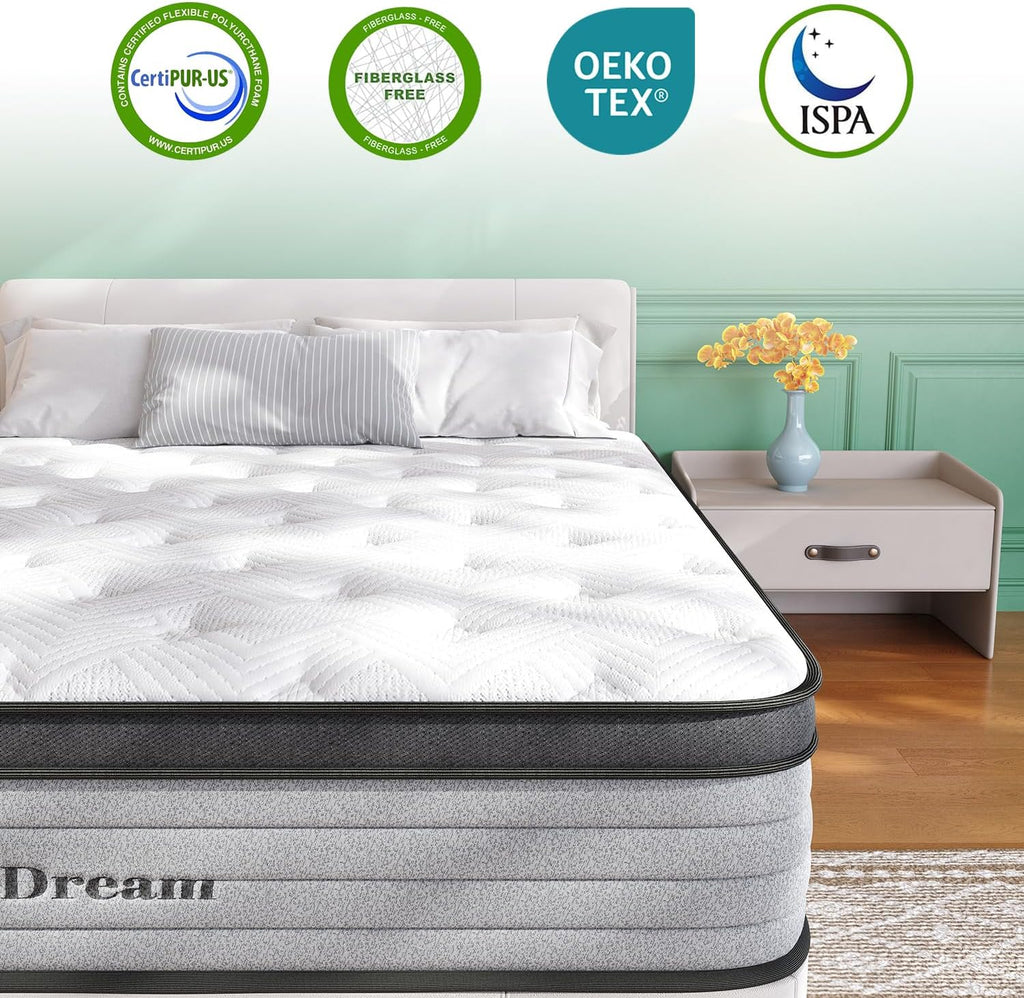 Queen Mattress, 12 Inch Hybrid Matress with Memory Foam & Individual Pocket Springs, Queen Size Mattress in a Box, Pressure Relief, Edge Support, Motion Isolation