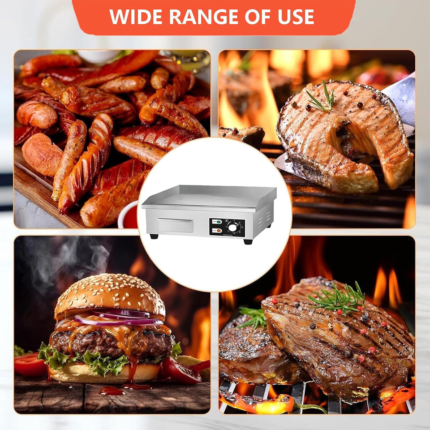Commercial Electric Griddle with 2 Frying Spatula, Stainless Steel Teppanyaki Grill 50-300℃ Countertop Griddle, Nonstick Barbecue Hot Plate for Grilling Bacon, ，2500W