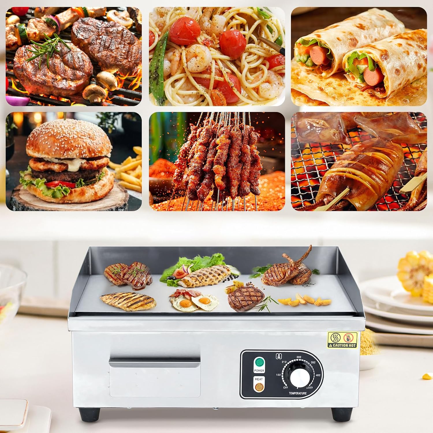 Commercial Electric Countertop Griddle, Nonstick Stainless Steel Flat Grill, 3000W/1600W Adjustable Temperature 122°f-572°f, 110V Indoor Teppanyaki Grill, Available in 14'