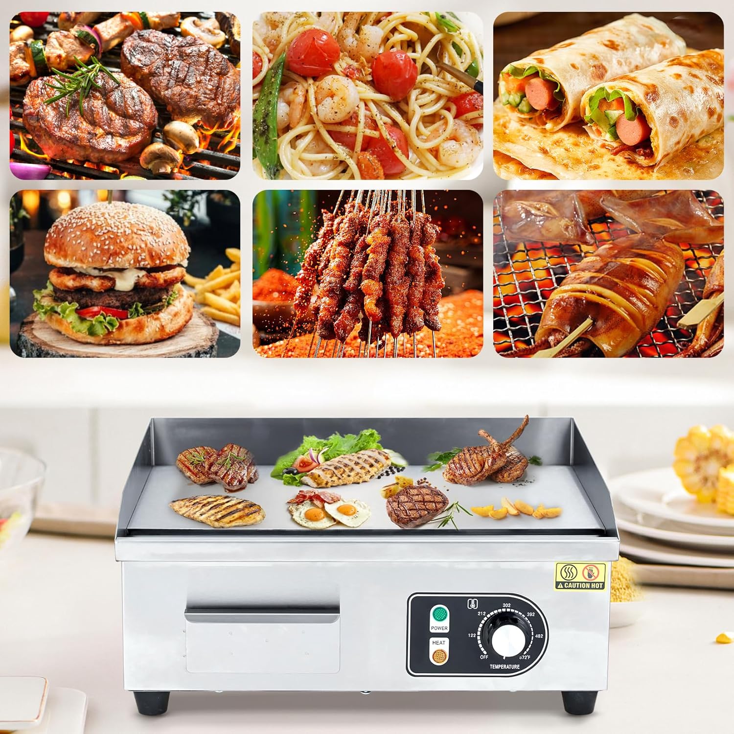 18' Commercial Electric Griddle with Plug, 1500W Stainless Steel Griddle with Adjustable Temp 122-572°F, 2 Shovels & Brushes - Half Flat Top Grill for Indoor/Outdoor Cooking (Plug Included)