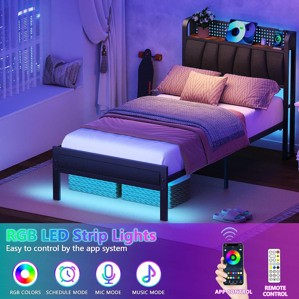 Furnulem Twin Bed Frame with LED Light and Charging Station, Grey Upholstered Storage Headboard with Shelf, Metal Platform Bed with Heavy Duty Slats, No Box Spring Needed, Noise Free & Easy Assembly