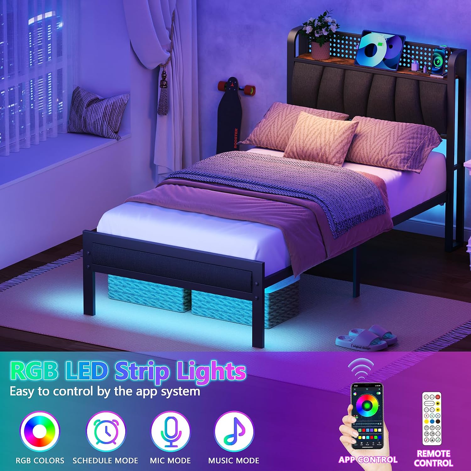 Furnulem Twin Bed Frame with LED Light and Charging Station, Grey Upholstered Storage Headboard with Shelf, Metal Platform Bed with Heavy Duty Slats, No Box Spring Needed, Noise Free & Easy Assembly