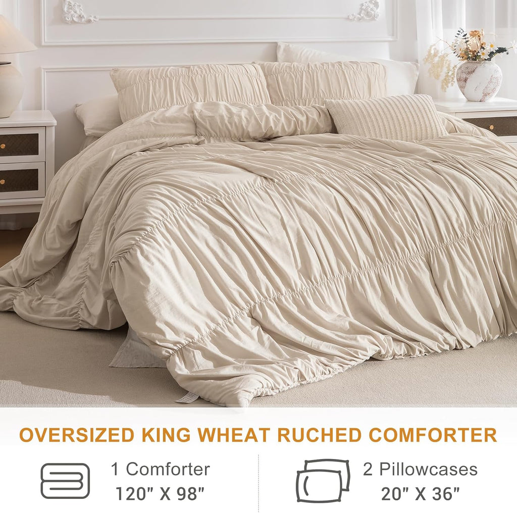 Masaca Oversized King Comforter(120'x98'),Wheat Ruched Ruffle Bedding Comforter Set,3 Pieces Lightweight California King Farmhouse Shabby Boho Chic French Country Bedding Set for All Season
