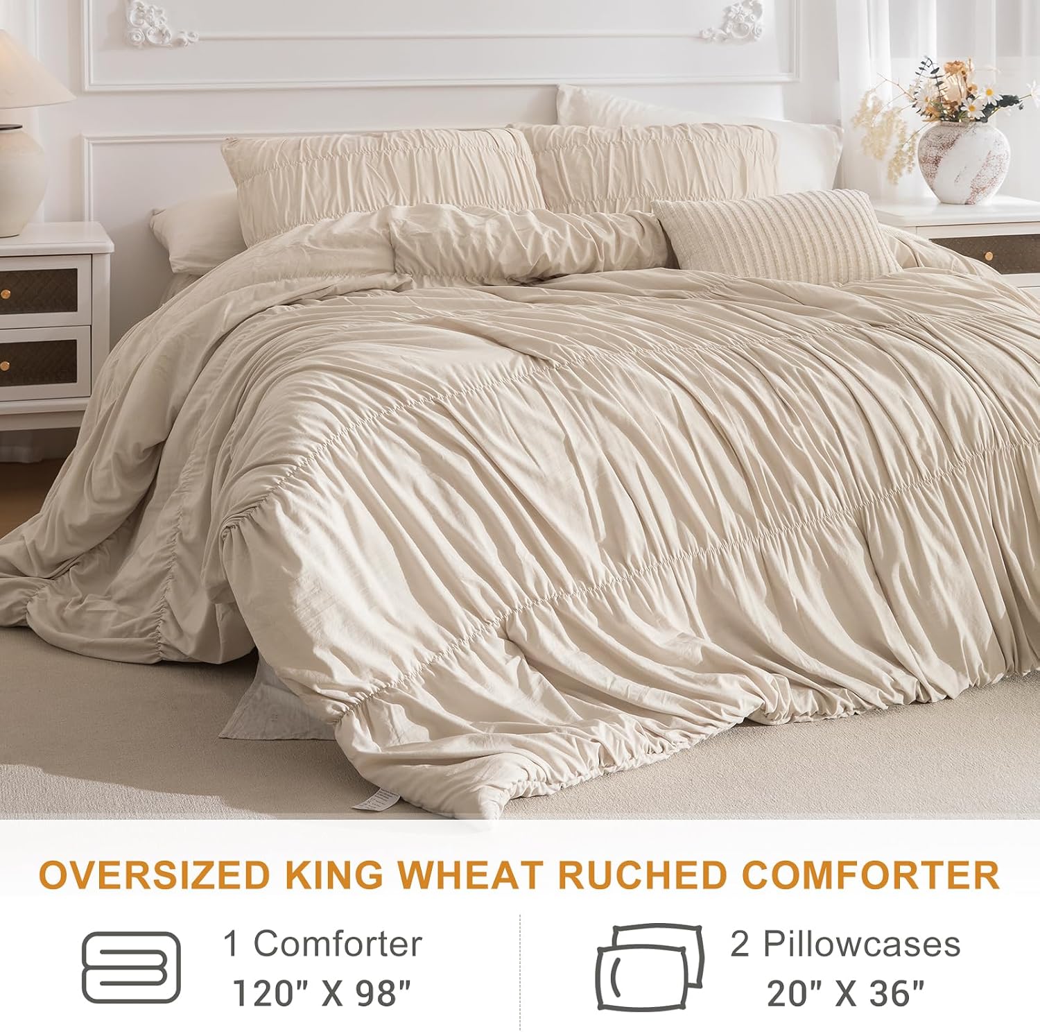 Masaca Oversized King Comforter(120'x98'),Wheat Ruched Ruffle Bedding Comforter Set,3 Pieces Lightweight California King Farmhouse Shabby Boho Chic French Country Bedding Set for All Season