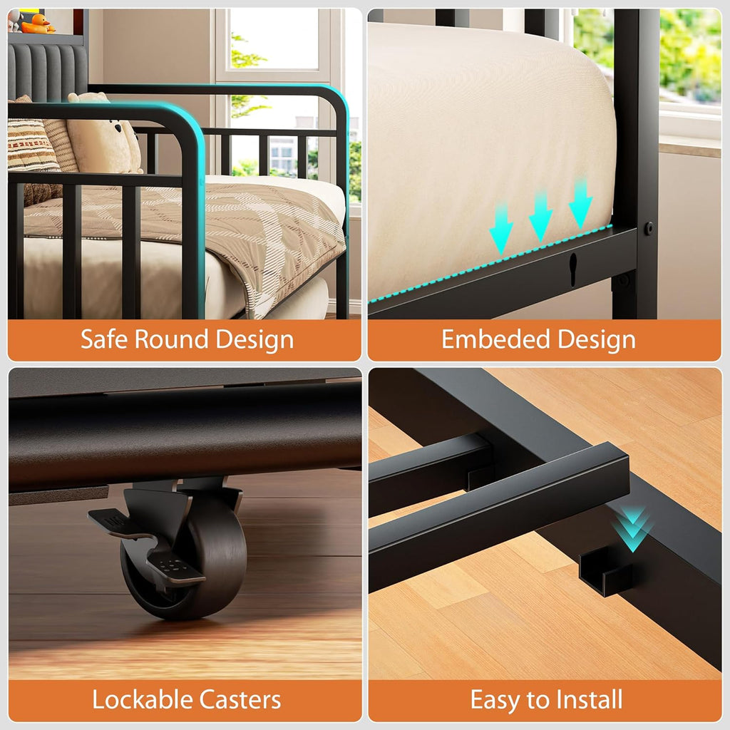 Daybed with Trundle and LED Light, Heavy Duty Metal Twin Bed Frame with Upholstered Storage Headboard & Charging Station, Day Bed Pop Up Trundle Bed Twin for Living Room,Bedroom and Guest Room, Black