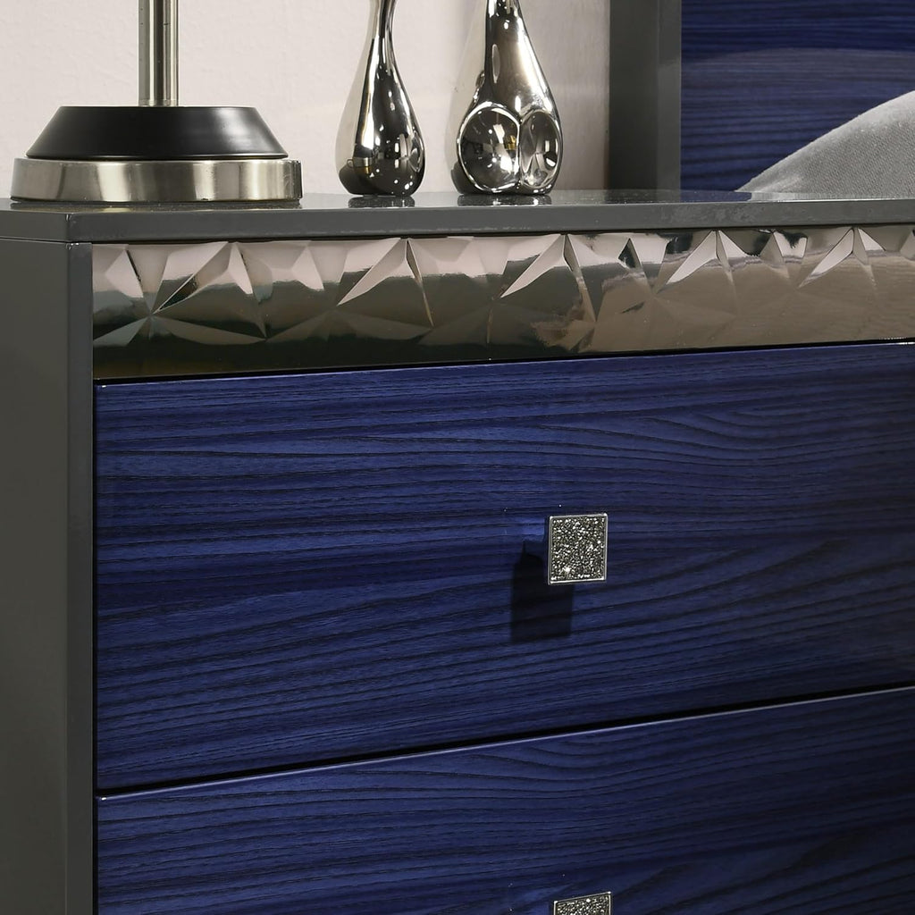 Furniture of America Scape Glam Solid Wood 6-Piece Bedroom Set with Geo Chrome Molding, Felt-Lined Top Drawer, Metal Side Glide, Square Knobs, No Box Spring Needed, King, Indigo Blue