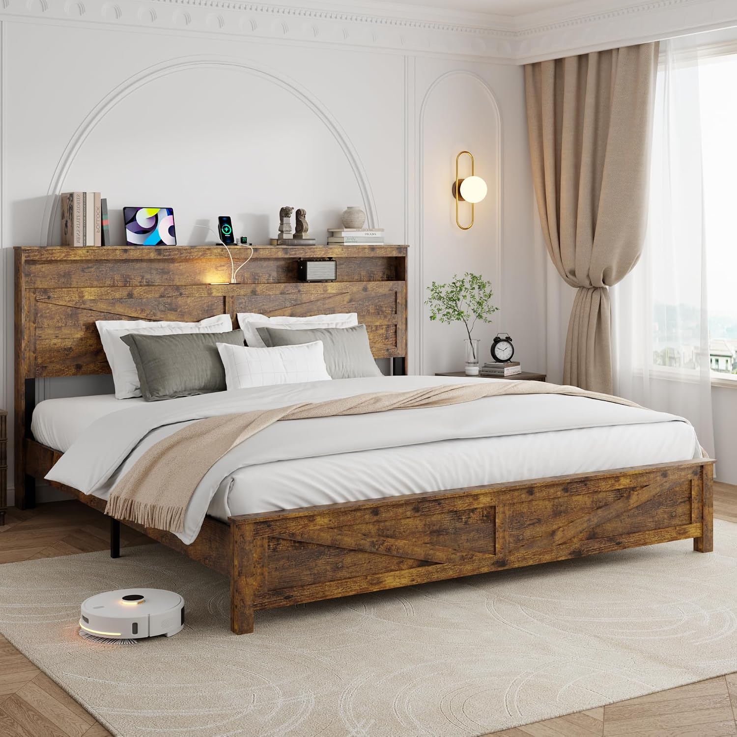 King Size Bed Frame with Headboard, Rustic Farmhouse Wood Bed Frame with LED Lights and Charging Station, Easy Assembly, No Box Spring Needed (Brown, King)