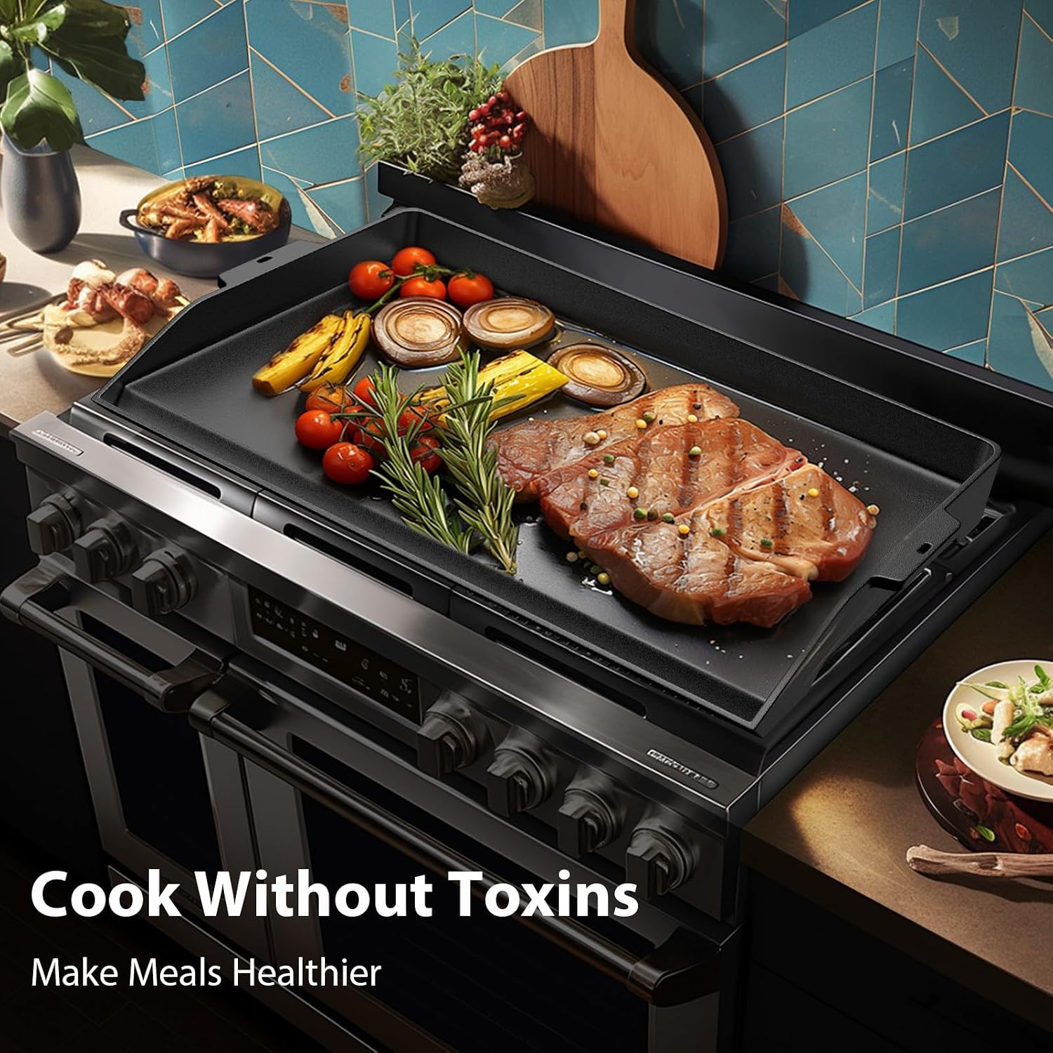 Utheer 25' x 16' Cast Iron Griddle for Gas Grill and Stove Top, Universal Flat Top Griddle with Pre-Seasoned Nonstick Coating, X-Shaped Reinforced Ridges, Perfect for Healthy Cooking, Parties, Camping