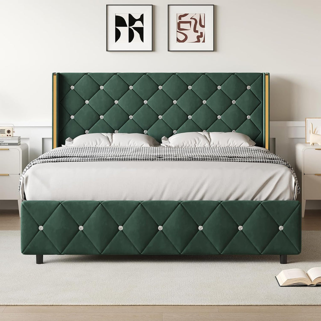 Lullabyre Full Size Bed Frame, Upholstered Bed Frame with Diamond Tufted Headboard, Modern Silverside Wingback, No Box Spring Needed, Easy Assembly, Green