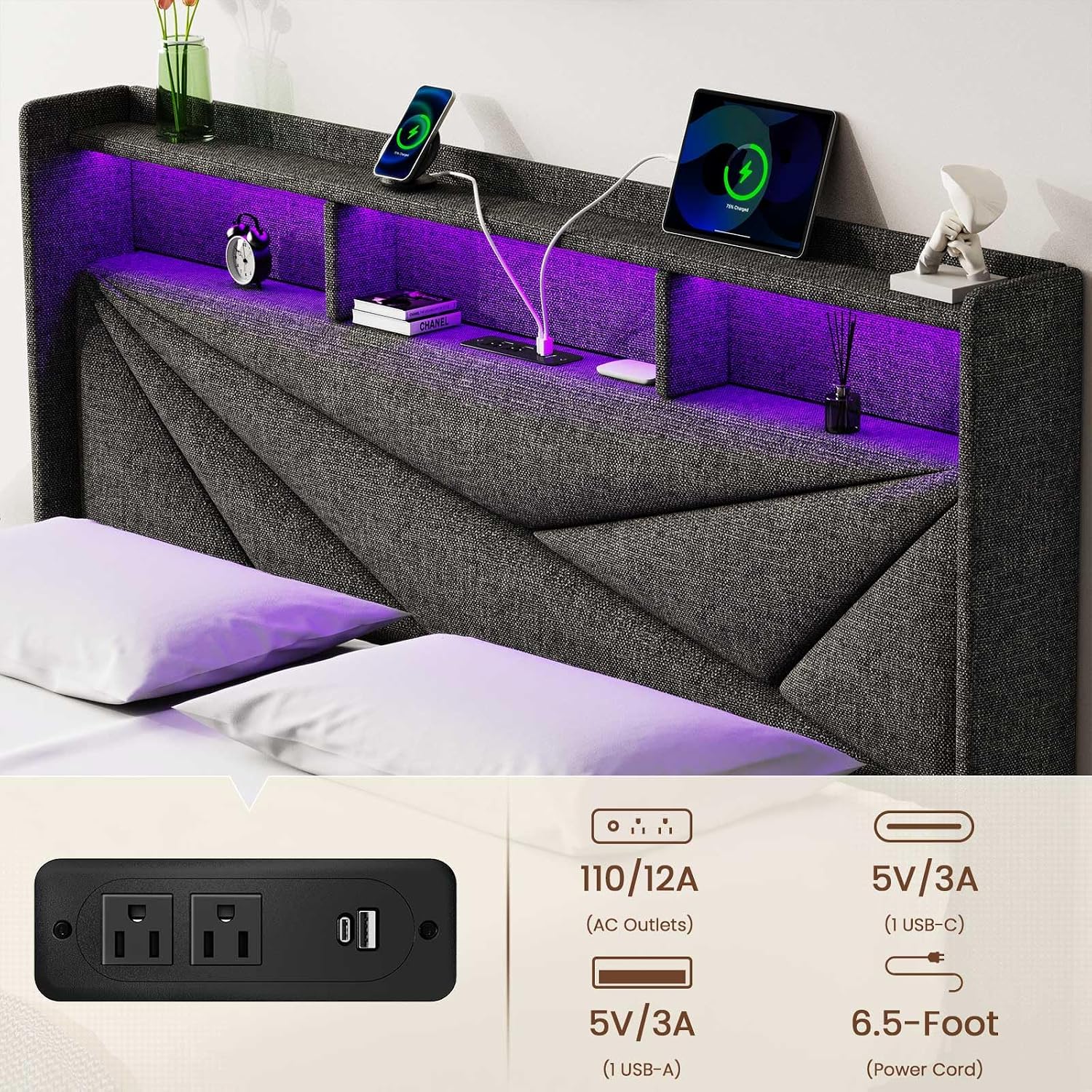 Driftalia LED Full Size Bed Frame with 2 Storage Drawers, Upholstered Full Bed Frame with Headboard and Charging Station, No Box Spring Needed, Easy to Assembly-Dark Grey