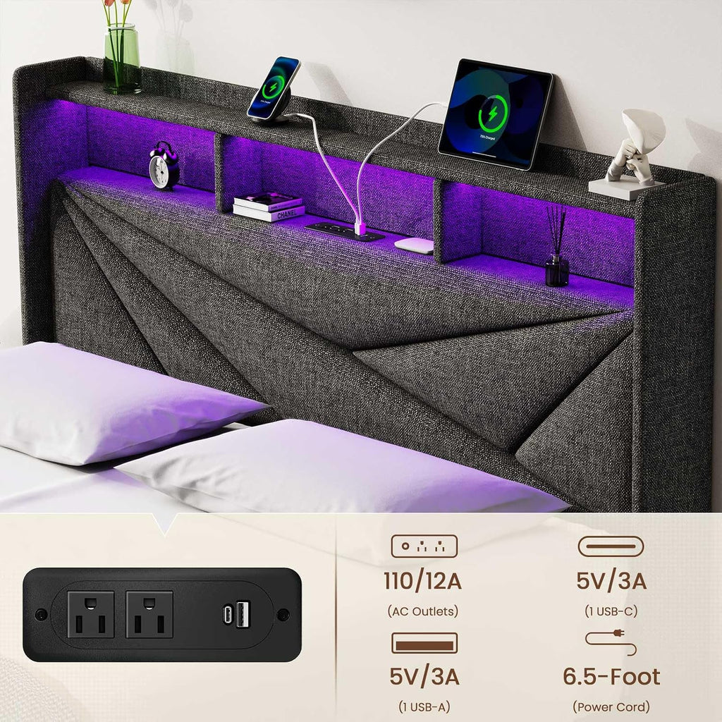 Driftalia LED Queen Bed Frame with 2 Storage Drawers, Upholstered Bed Frame Queen Size with Headboard and Charging Station, No Box Spring Needed, Easy to Assembly-Dark Grey