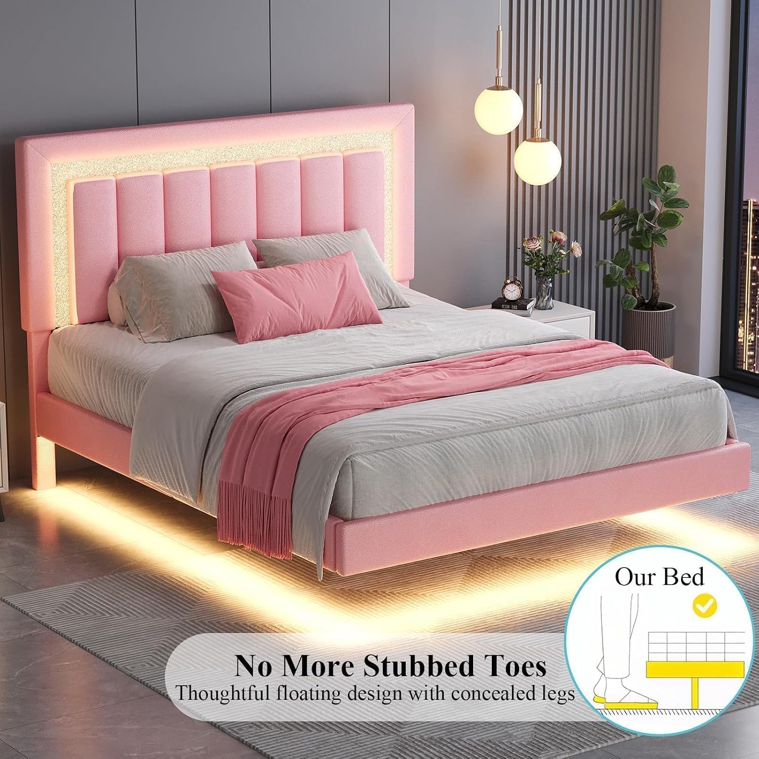 HOMBCK Floating Bed Frame Full with Smart LED Lights, Faux Leather Upholstered Platform Bed with Diamond PU Headboard, No Box Spring Needed, Noise-Free, Easy Assembly, Pink