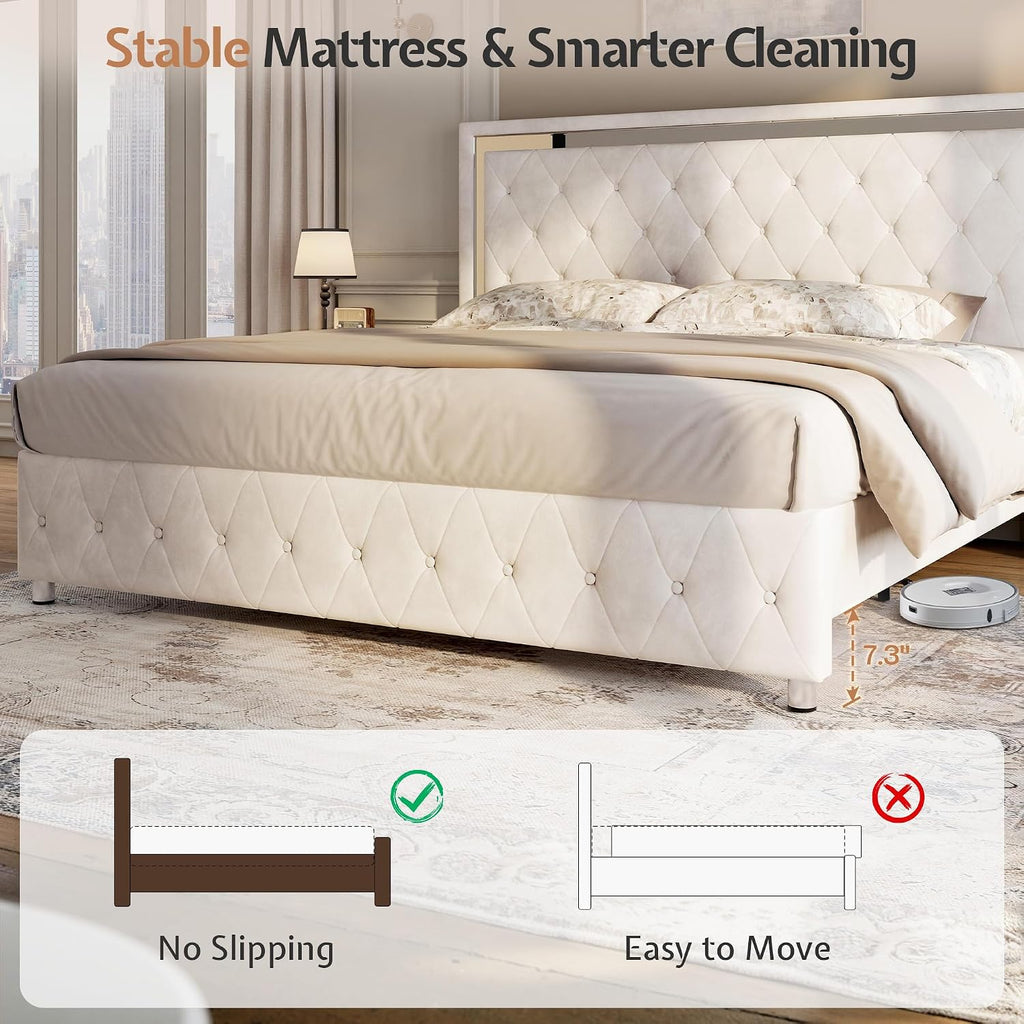 Jocisland Full Bed Frame with LED Lights Headboard&Footboard, Velvet Upholstered Full Size Platform Bed Frame No Box Spring Needed/Cream
