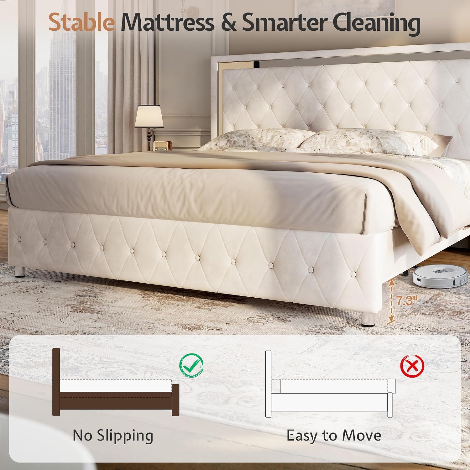 Jocisland Full Bed Frame with LED Lights Headboard&Footboard, Velvet Upholstered Full Size Platform Bed Frame No Box Spring Needed/Cream